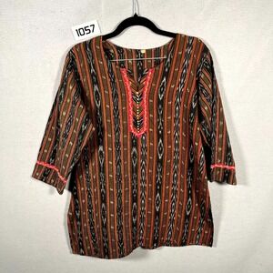 Womens Top 3XL Black Burnt Orange Ethnic Ikat Striped 3/4 Sleeve V Neck Pullover